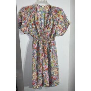 Sundance prairie floral 100% silk‎ V-neck smocked waist butterfly sleeve dress 6